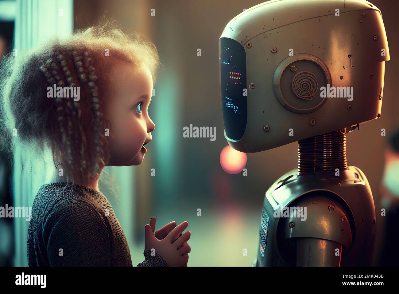 Little girl talking to chatbot robot - artificial intelligence concept - generative AI Stock Photo