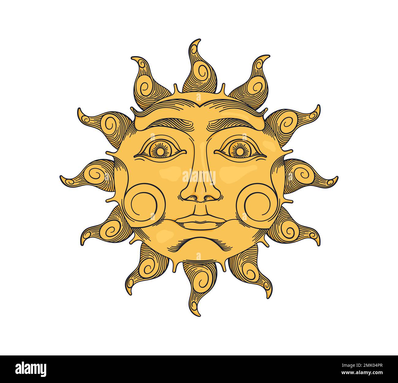 Sun with a face. Engraving drawing technique. Vintage astronomy illustration. Vector design elements Stock Vector