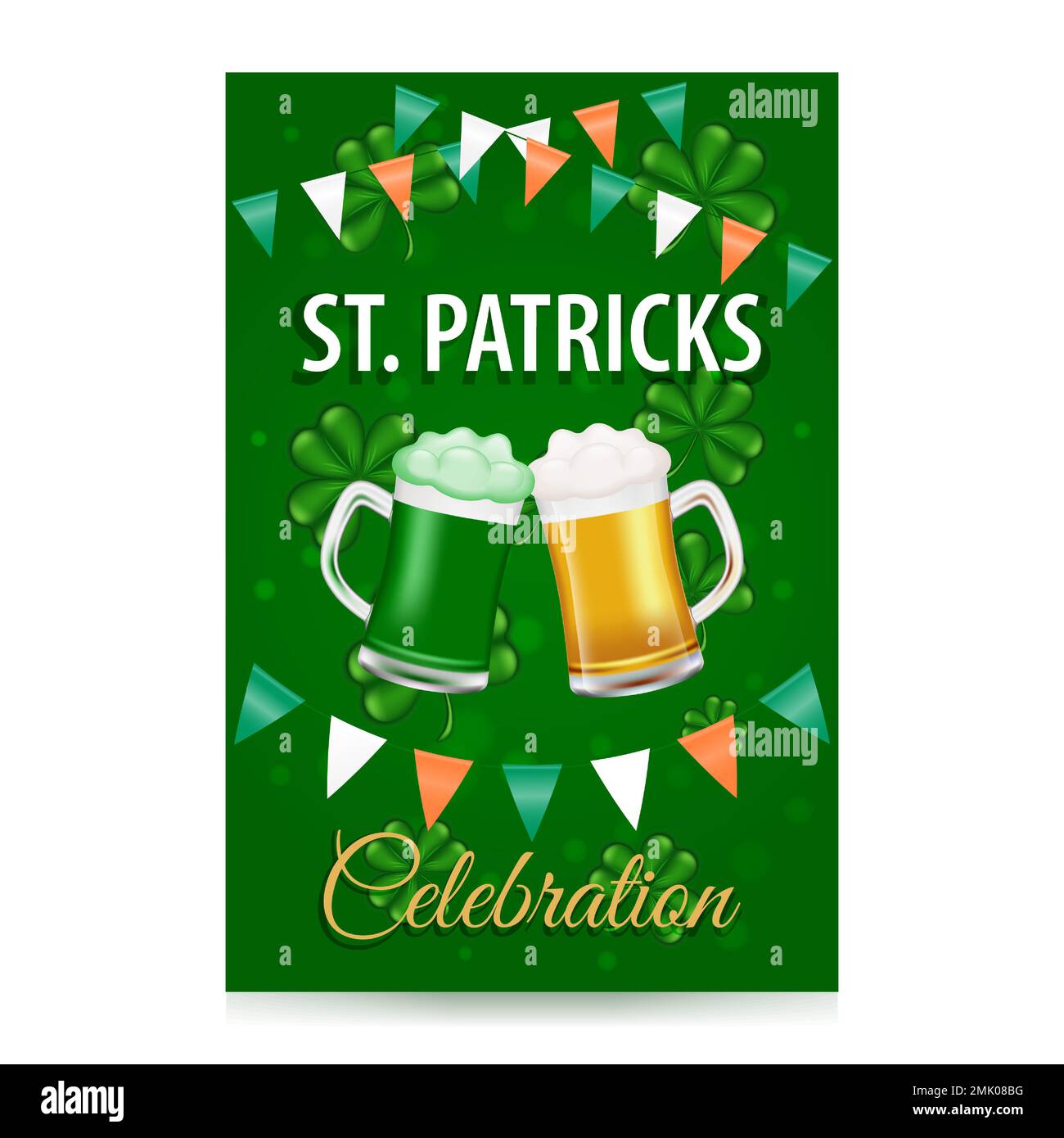 St. Patricks Day beer festival invitation. Postcard with beer and ale, flags and shamrocks. Green background. Vector illustration. Stock Vector