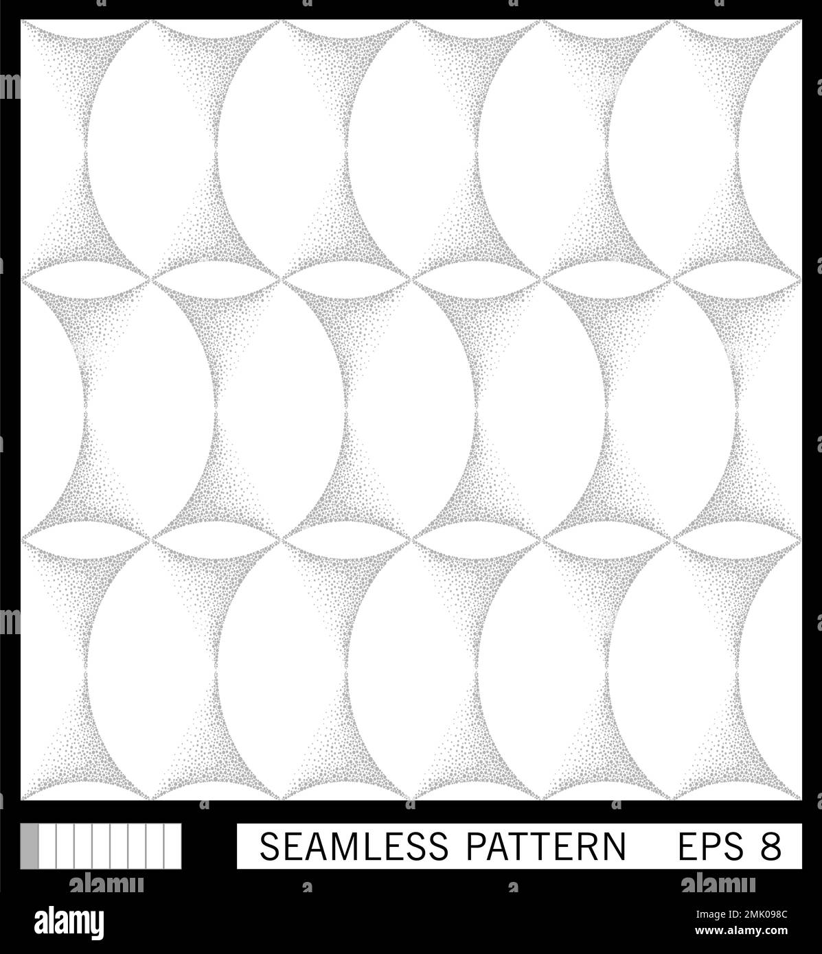 Seamless pattern. Shaded intersecting rings. Stipple halftone dotted texture. Retrofuturistic vector art Stock Vector