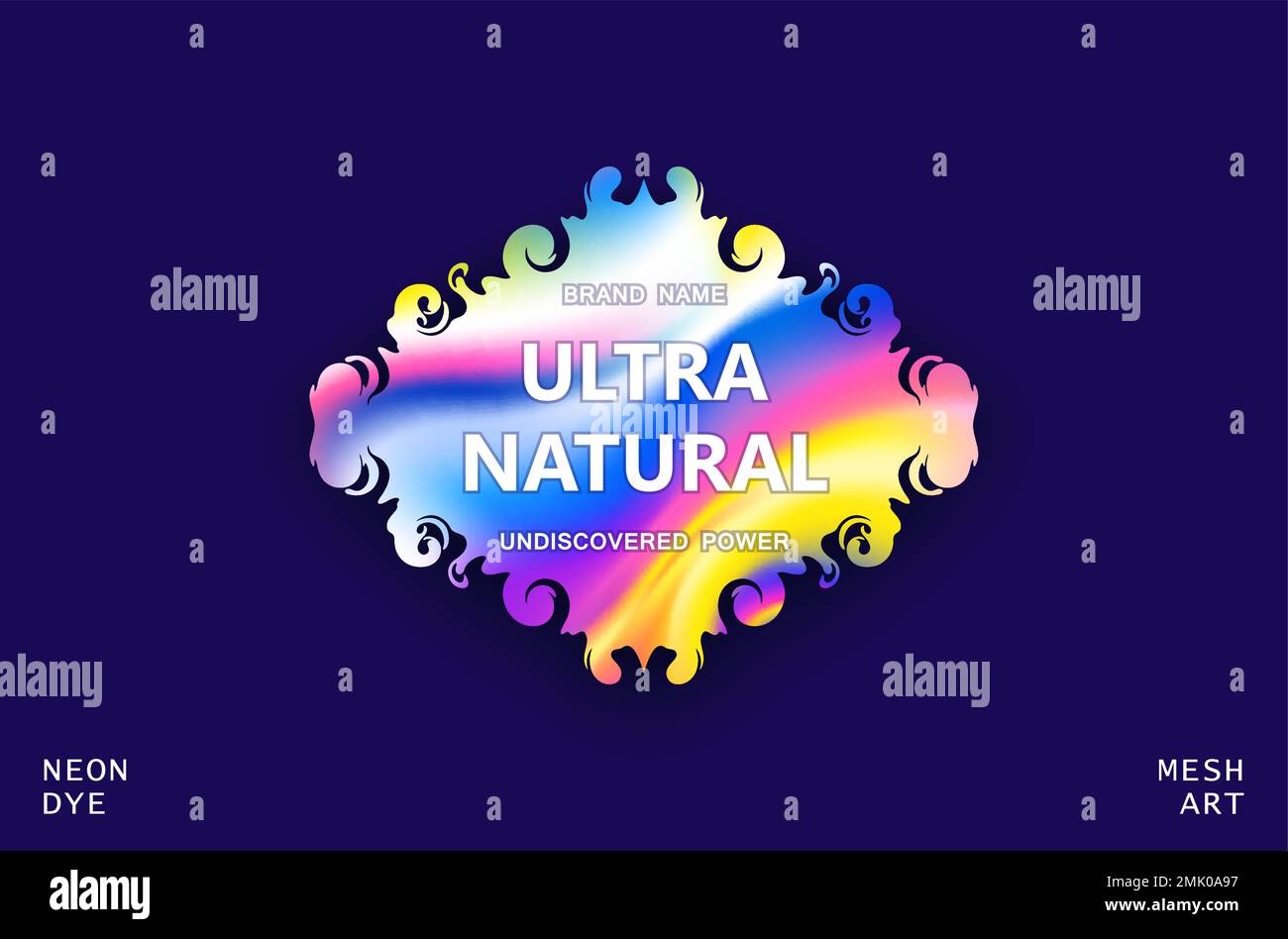 Trendy design for label, sticker or signboard. Organic fluid frame with neon flow filling. Mixing iridescent colors. Vector graphics Stock Vector
