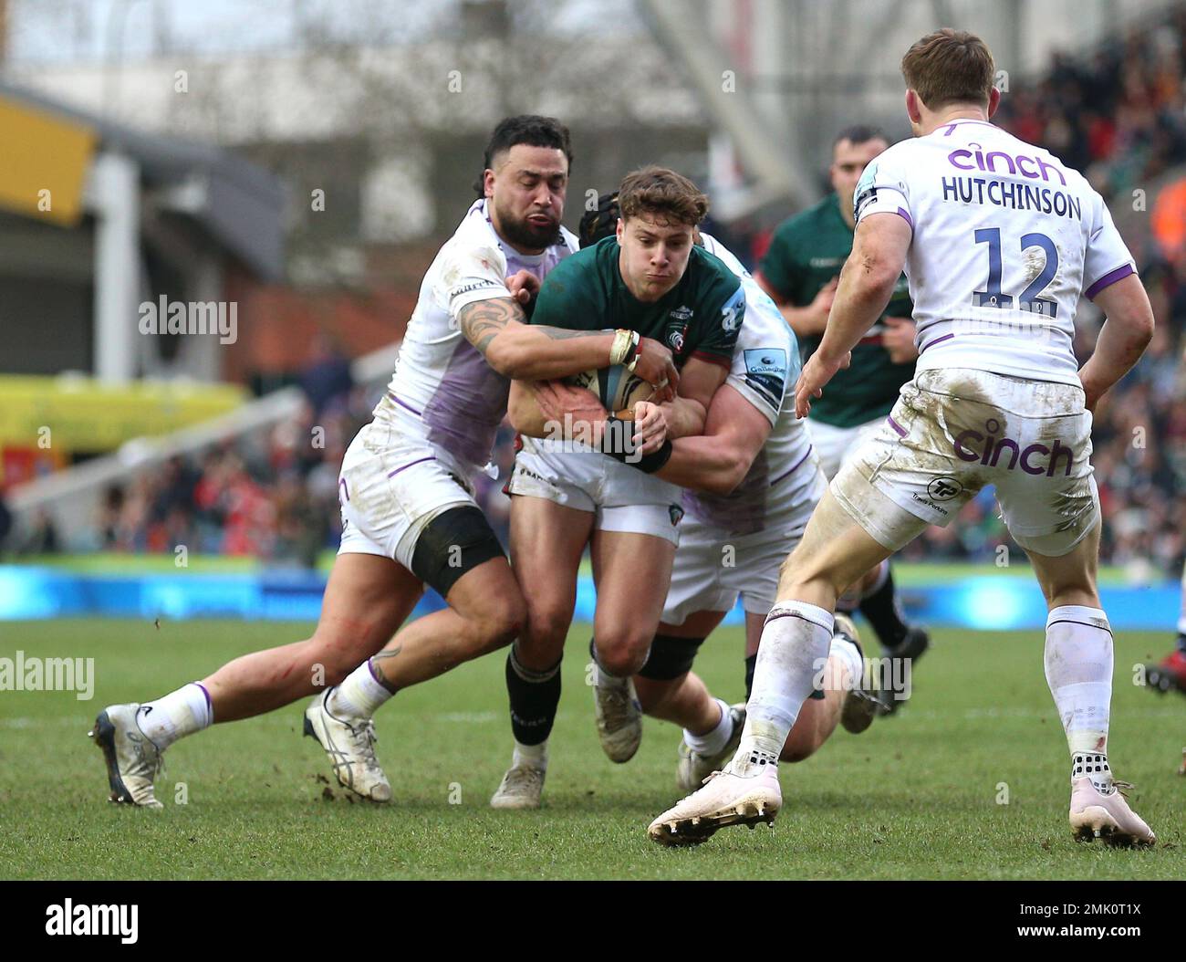 Leicester Tigers’ Sam Edwards is tackled by Northampton Saints’ Matt Proctor (left) during the Gallagher Premiership match at the Mattioli Woods Welford Road Stadium, Leicester. Picture date: Saturday January 28, 2023. Stock Photo