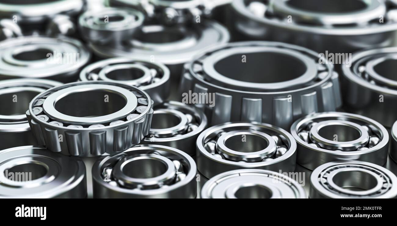 Ball and roller bearings of different sizes. 3d illustration Stock