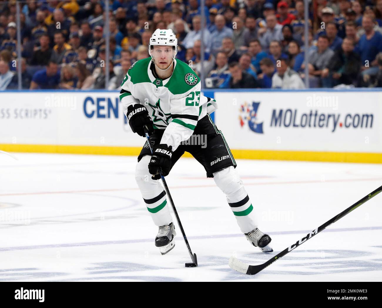 Dallas Stars defenseman Esa Lindell (23) makes a pass during the first ...