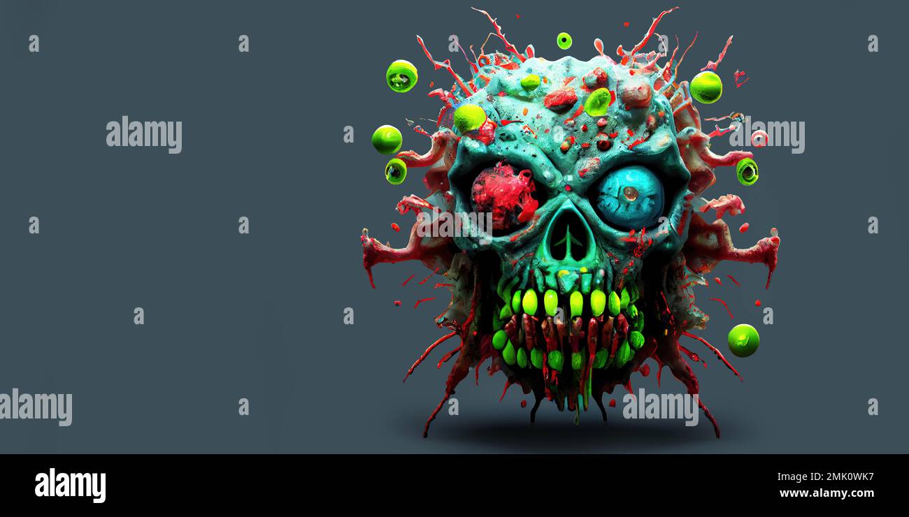 Scary zombie virus mutation or superbug with skull face. Generative AI. Stock Photo