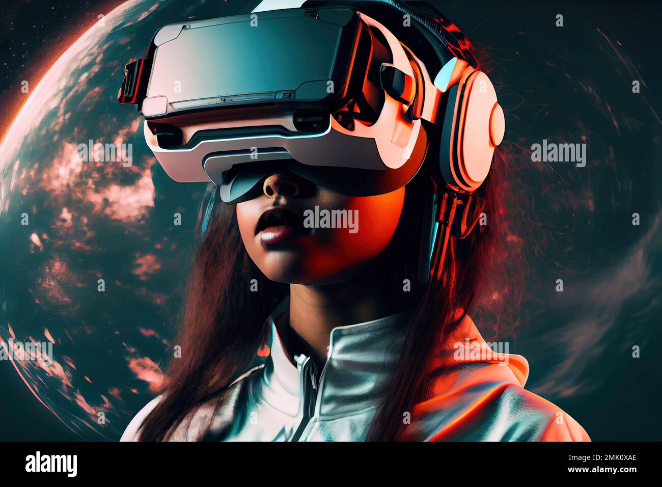 Young woman with VR headset glasses experiencing virtual reality space travel. Generative AI. Stock Photo