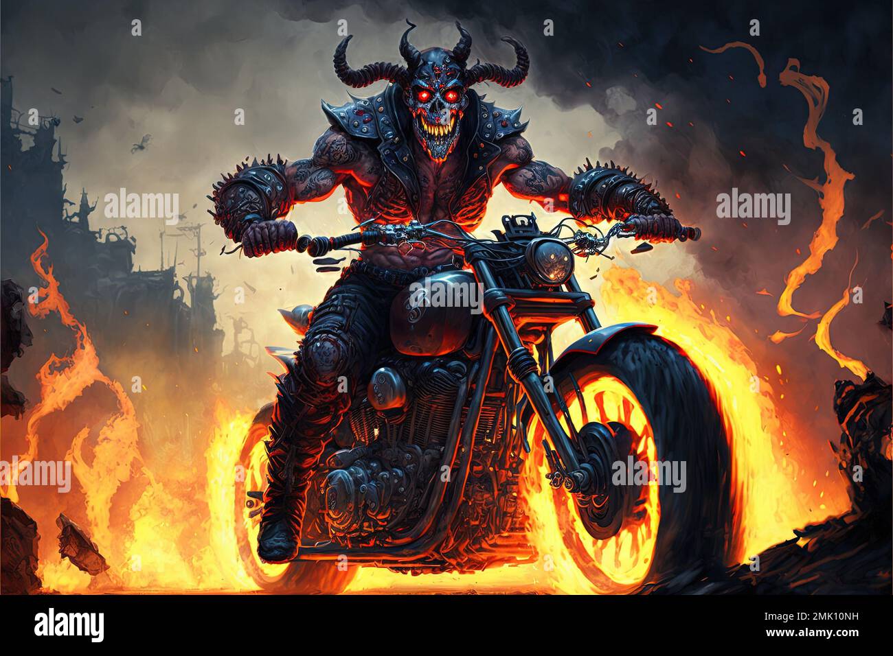 Burning Hell infernal biker with bike in fire flames illustration  generative ai Stock Photo - Alamy