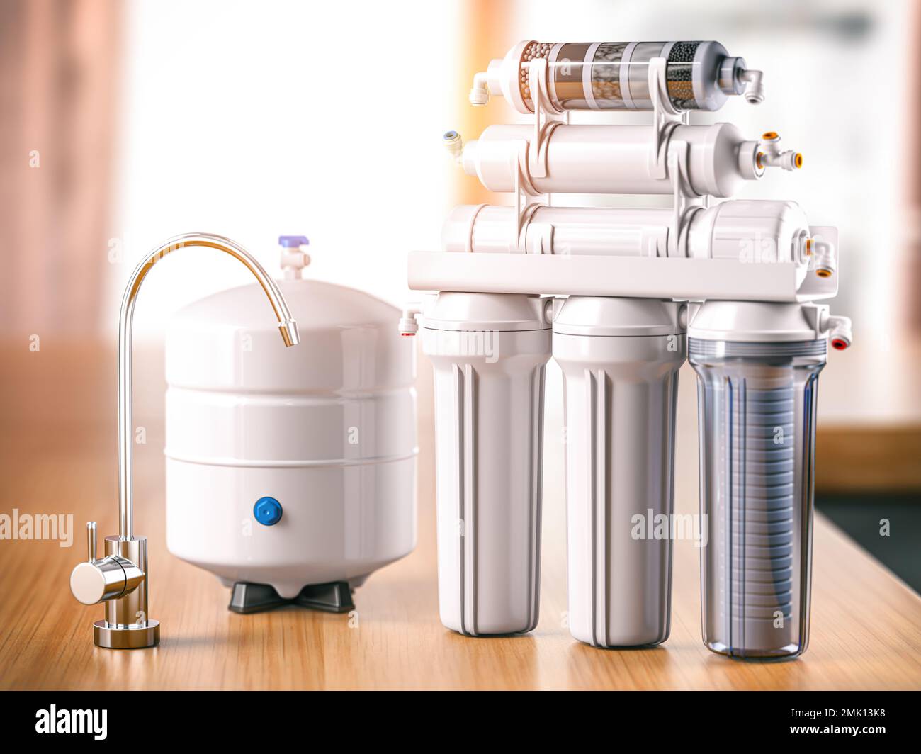 Reverse osmosis water purification system on a table. Water cleaning system. 3d illustration Stock Photo