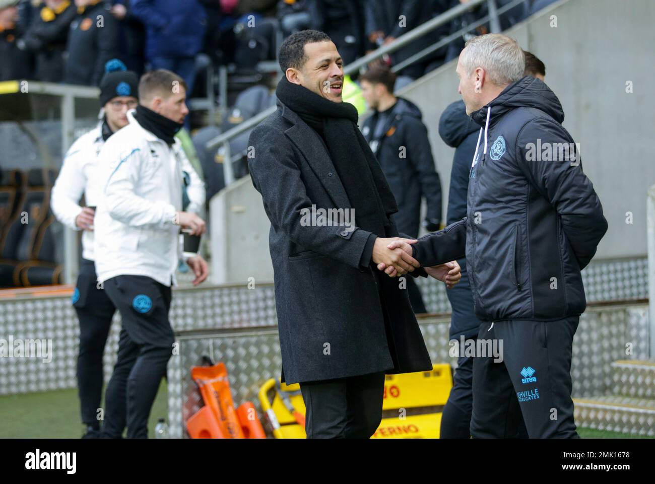 Hull City manager Liam Rosenior and QPR manager Neil Critchley during ...