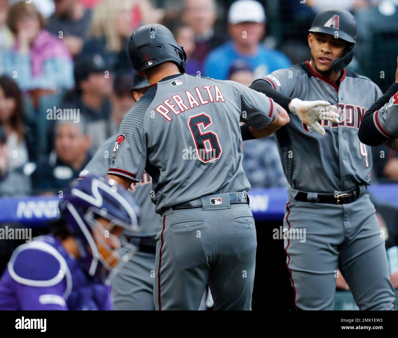 St Louis, USA . 01st May, 2022. Arizona Diamondbacks Jordan Luplow (8) is  congratulated by teammate David Peralta after hitting a solo home run in  the first inning against the St. Louis