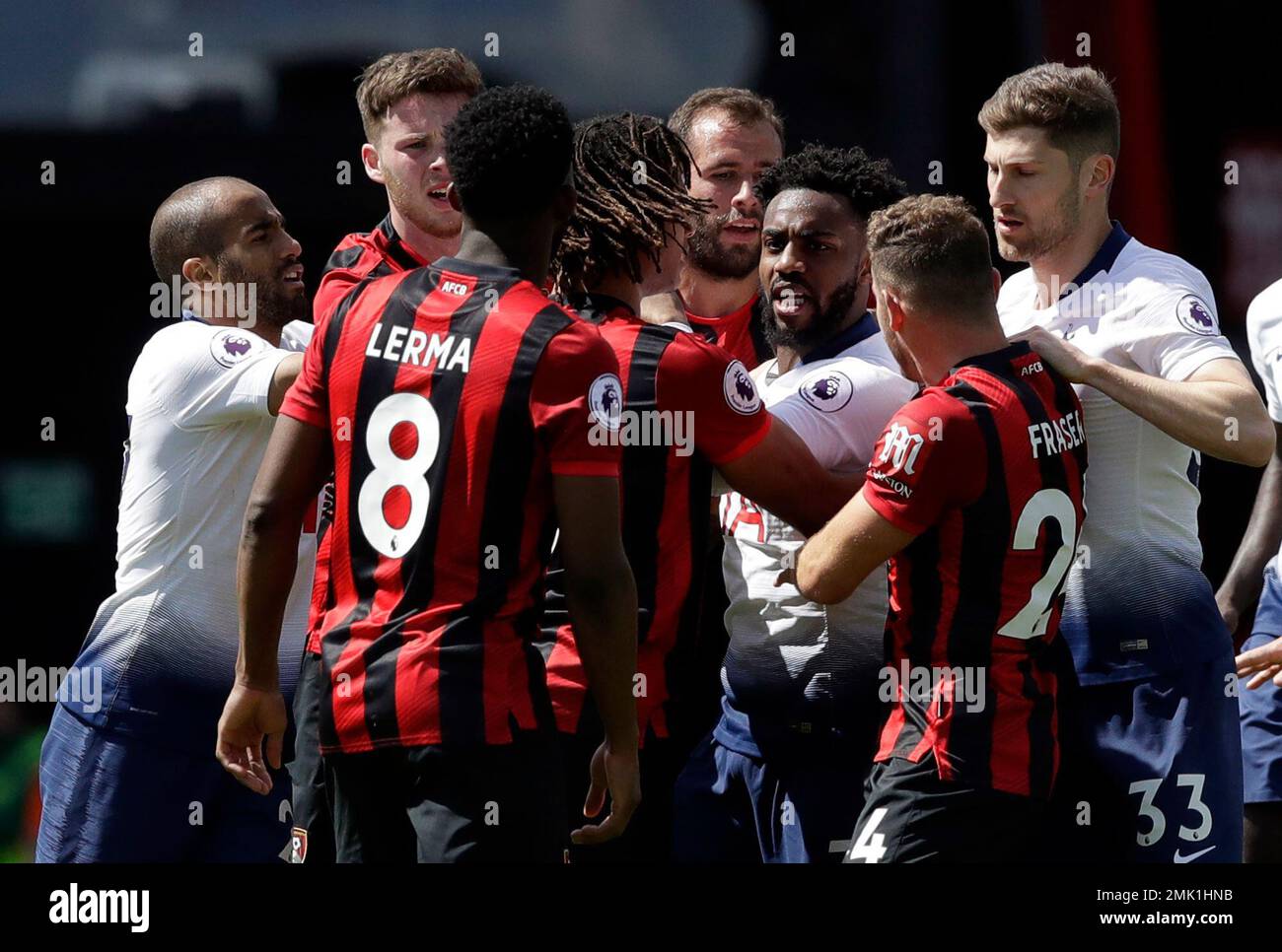 Players separate Tottenham s Danny Rose center right and Bournemouth s Jefferson Lerma foreground after they got involved in a scuffle during the English Premier League soccer match between AFC Bourne...