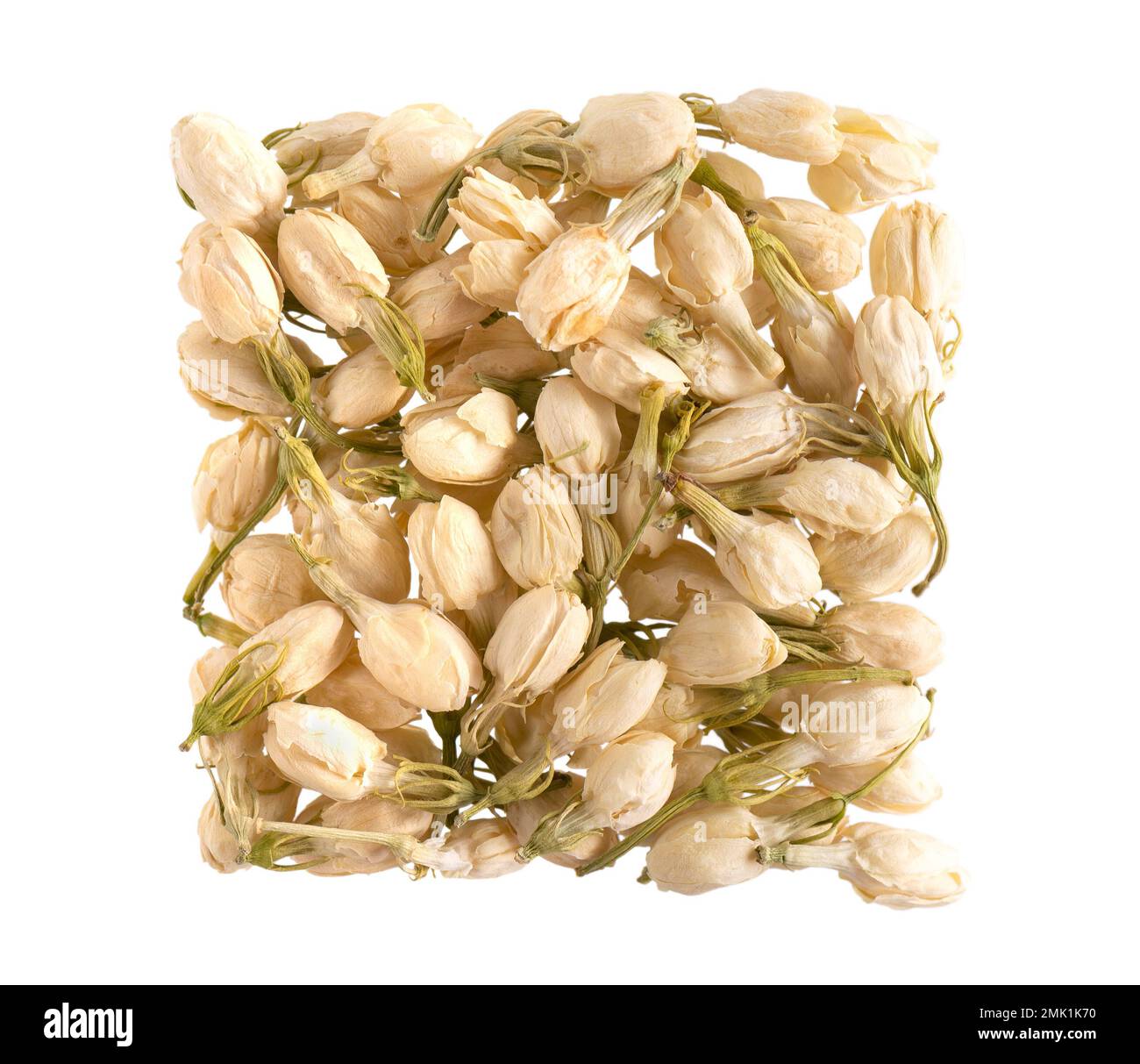 Dry jasmine flowers isolated on white background. Jasmine flowers tea. Herbal tea. Clipping path