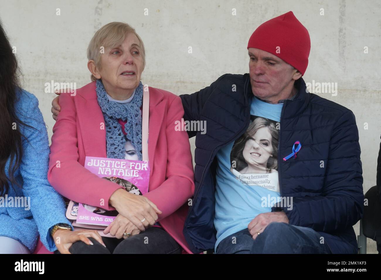 Murder victim Natalie McNally parents, mother Bernie and father Noel, join people at a vigil at Lurgan Park in Lurgan, Co Armagh in memory of their daughter and opposing violence against women. Picture date: Saturday January 28, 2023. Stock Photo