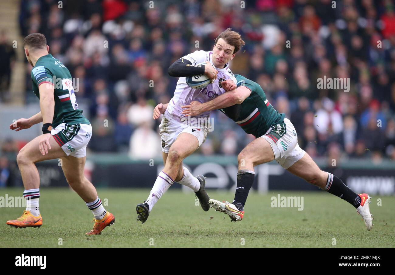 Leicester Tigers’ Guy Porter tackles Northampton Saints’ James Ramm during the Gallagher Premiership match at the Mattioli Woods Welford Road Stadium, Leicester. Picture date: Saturday January 28, 2023. Stock Photo