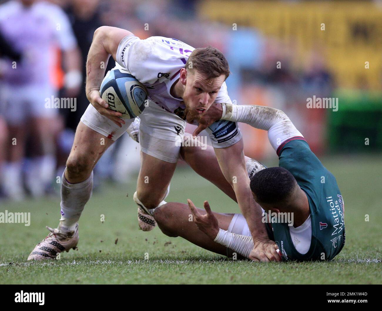 Leicester Tigers’ Anthony Watson tackles Northampton Saints’ Rory Hutchinson during the Gallagher Premiership match at the Mattioli Woods Welford Road Stadium, Leicester. Picture date: Saturday January 28, 2023. Stock Photo