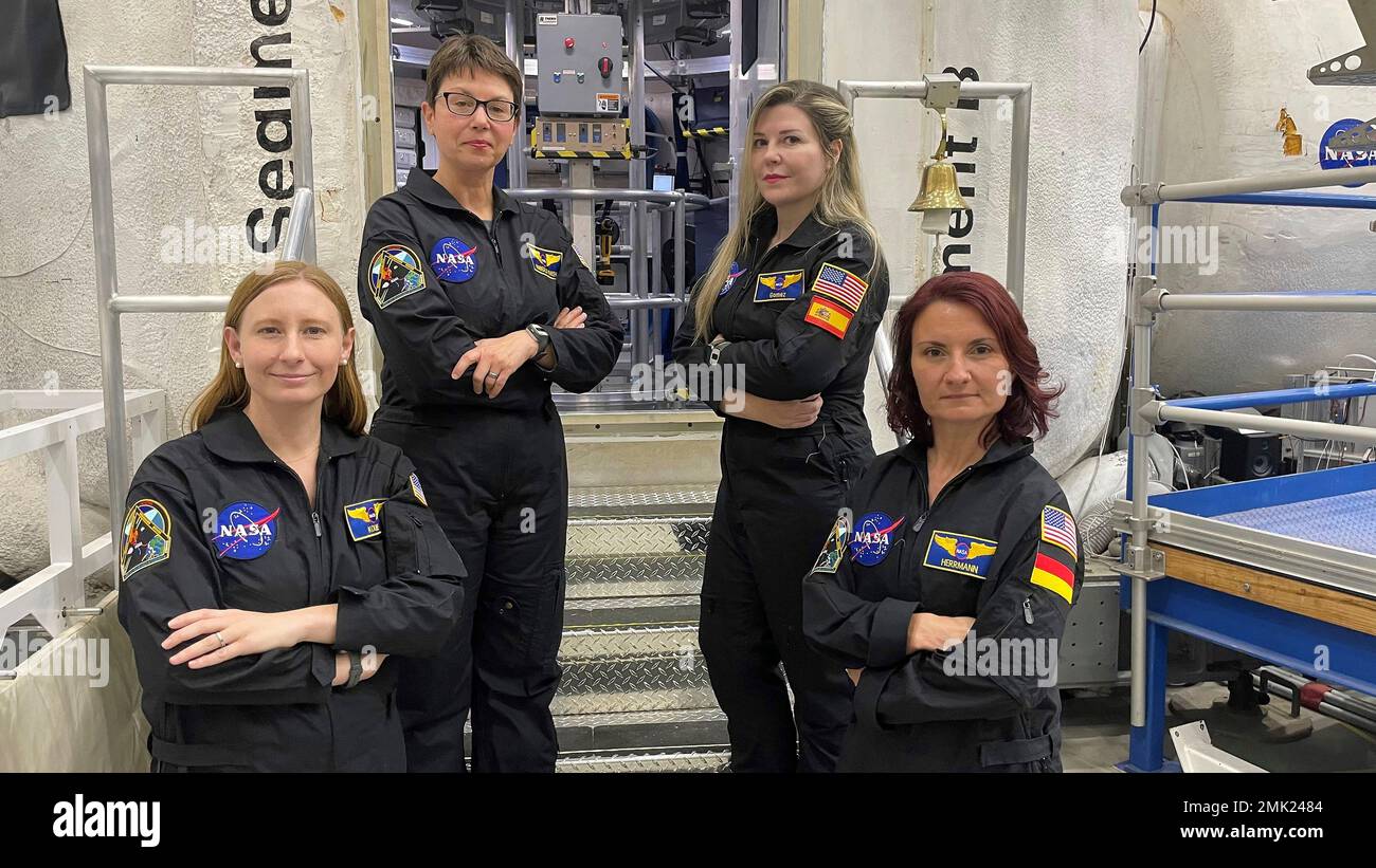 International Space Station, EARTH ORBIT. 25 January, 2023. The next NASA crew selected for mission six of the Human Exploration Research Analog, or HERA, stand outside the HERA habitat at the Johnson Space Center, January 25, 2023 in Houston, Texas. Left to right: Katie Koube, Kimberly Knish, Vanesa Gomez Gonzalez, and Sandra Herrmann. Credit: NASA/NASA/Alamy Live News Stock Photo