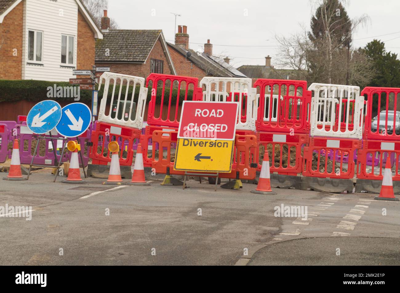 Road closed sign due to roadworks near Flatford in Suffolk. Stock Photo