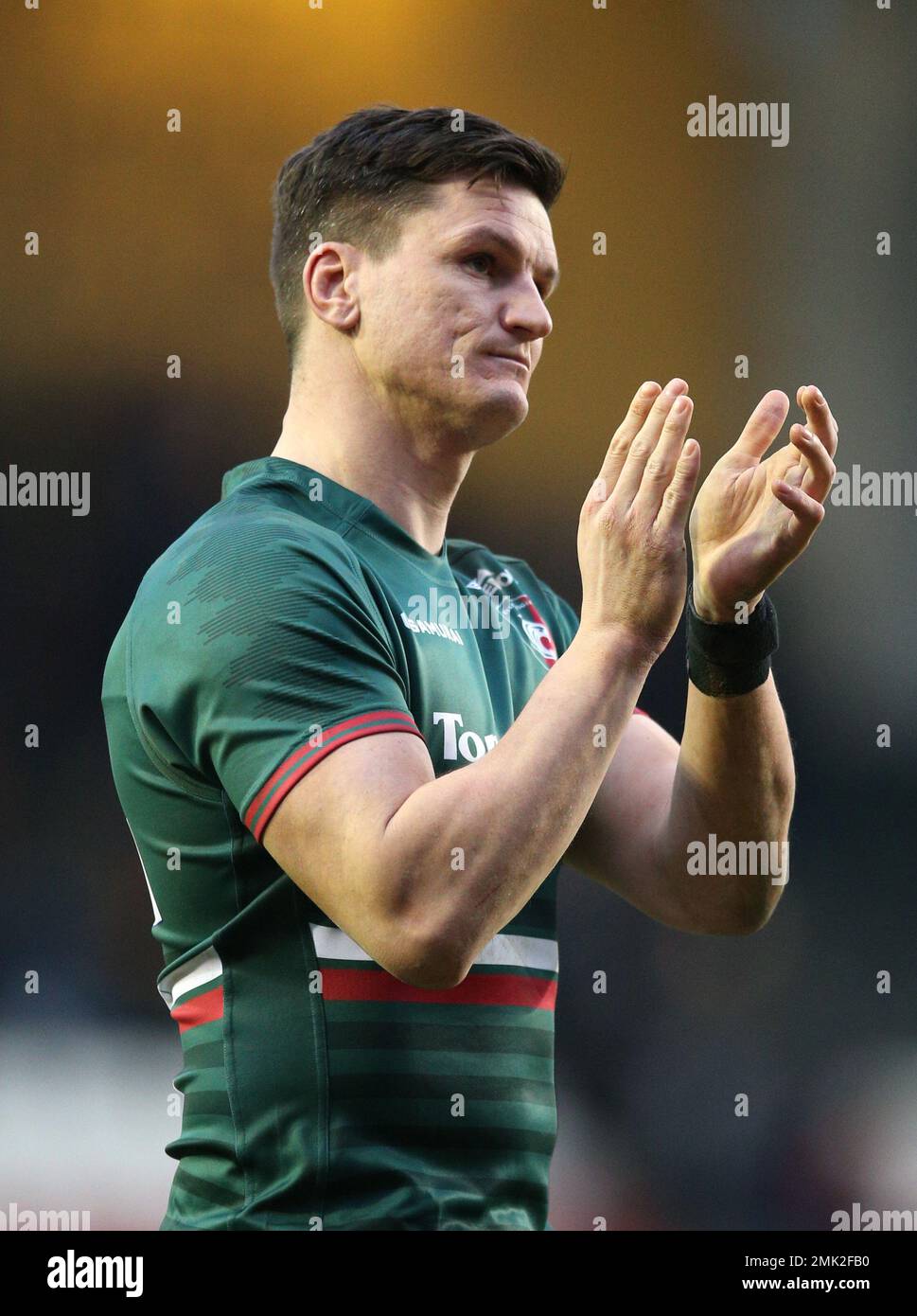 Leicester Tigers’ Freddie Burns says farewell to the home crowd after the Gallagher Premiership match at the Mattioli Woods Welford Road Stadium, Leicester. Picture date: Saturday January 28, 2023. Stock Photo