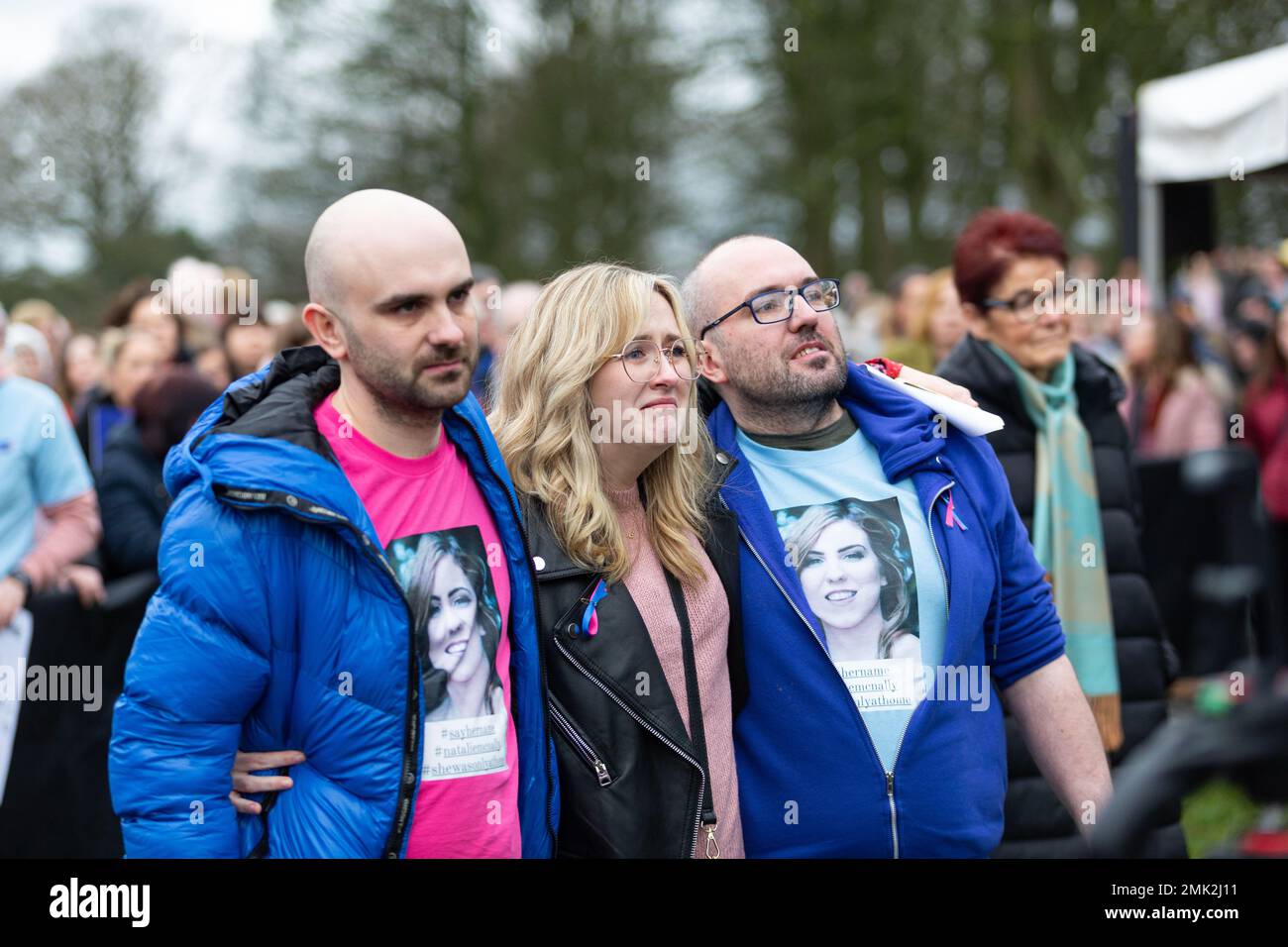Lurgan UK. 28th Jan, 2023  (L-R) Declan McNally (Brother), Jayne Doran (Childhood Friend), Brendan McNally (Brother. )There was over a 1000 people that gathered in Lurgan park at the Rally for Murdered  Natalie McNally.  Natalie from Silverwood Green was 15 weeks pregnant when killed at her home just before Christmas 2022. Stock Photo