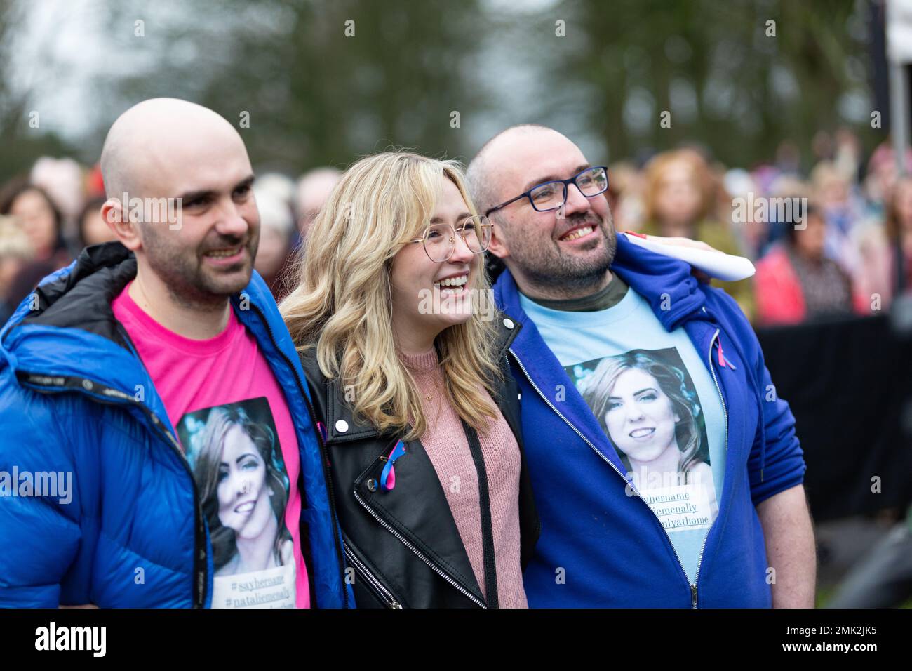 Lurgan UK. 28th Jan, 2023  (L-R) Declan McNally (Brother), Jayne Doran (Childhood Friend),  Brendan McNally (Brother. )There was over a 1000 people that gathered in Lurgan park at the Rally for Murdered  Natalie McNally.  Natalie from Silverwood Green was 15 weeks pregnant when killed at her home just before Christmas 2022. Stock Photo