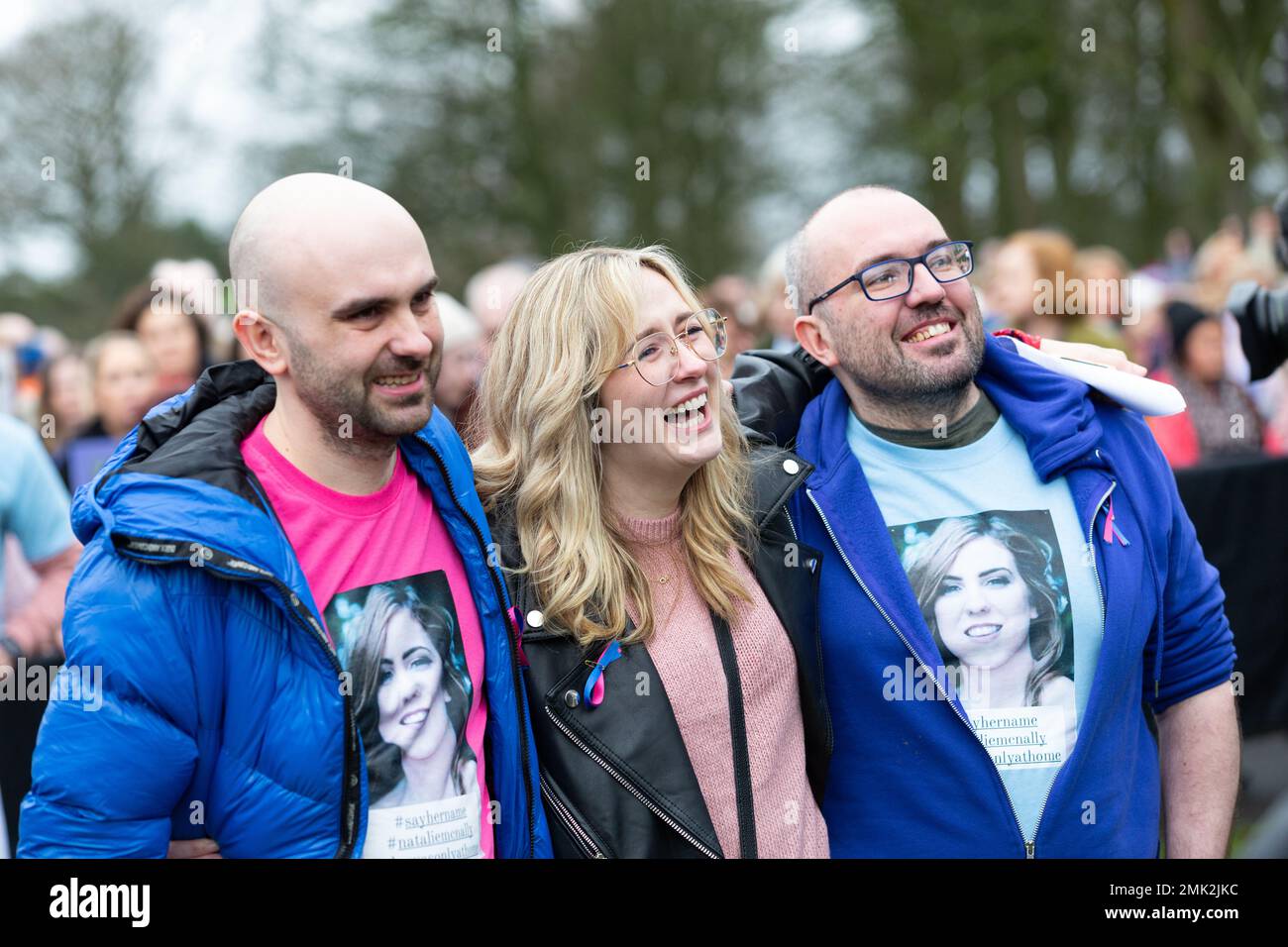 Lurgan UK. 28th Jan, 2023  (L-R) Declan McNally (Brother), Jayne Doran (Childhood Friend), Brendan McNally (Brother. )There was over a 1000 people that gathered in Lurgan park at the Rally for Murdered  Natalie McNally.  Natalie from Silverwood Green was 15 weeks pregnant when killed at her home just before Christmas 2022. Stock Photo