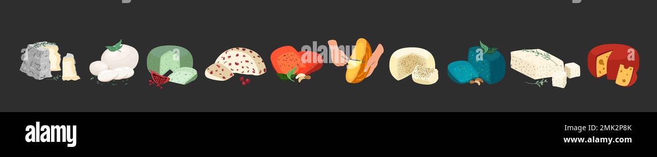 Various types of cheese set realistic vector illustration. Cottage cheeses collection isolated on black background.Curd delicatessen food product for Stock Photo