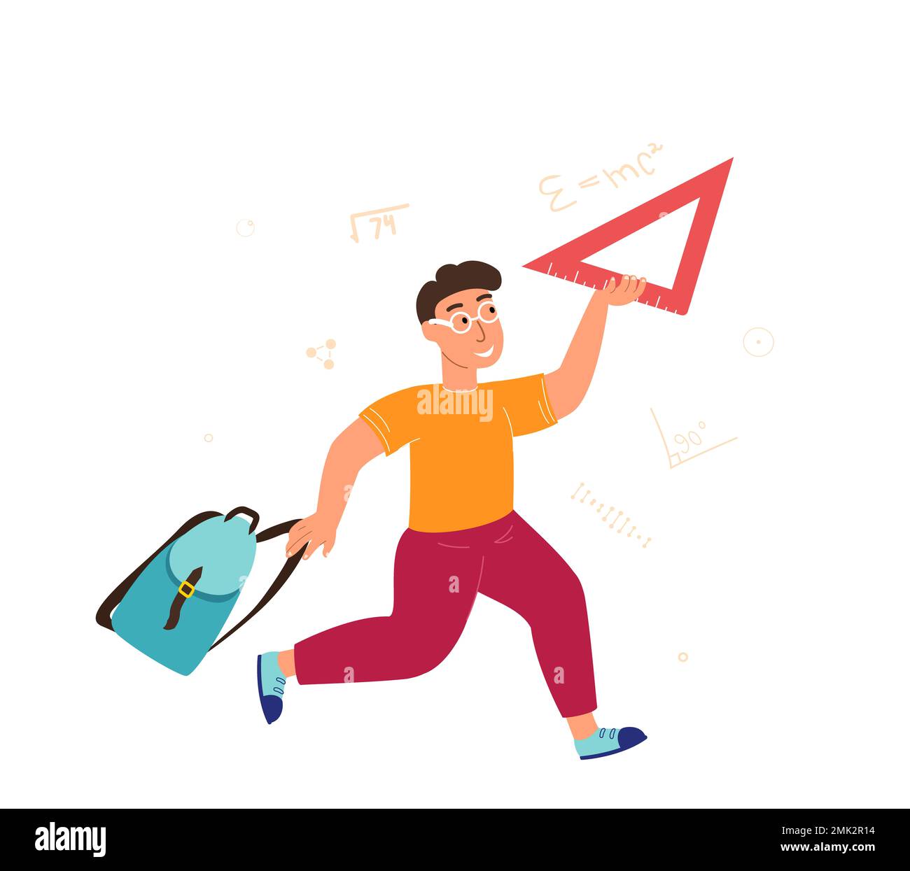Smiling teenage student running to school with ruler and backpack.Happy pupil with schoolbag.Cute boy or schoolchild.Flat vector cartoon illustration Stock Photo