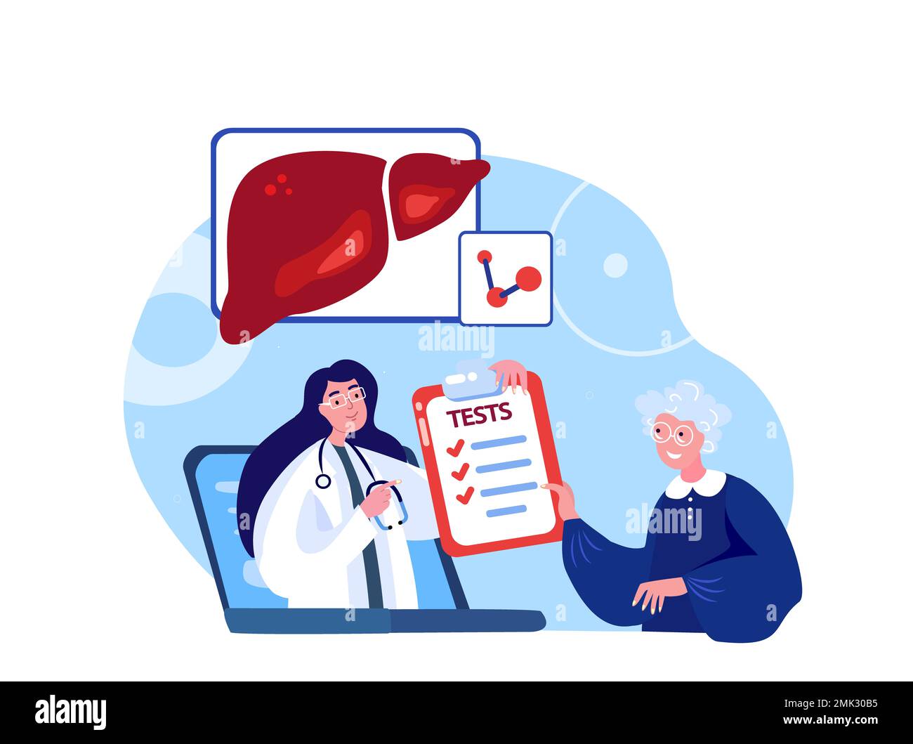 Online Gastroenterologist,Hepatologist Doctor Consultate Old Retired Woman Patient.Diagnose Liver Organ Hepatic,Fibrosis,Hepatitis. Internet Treatment Stock Photo