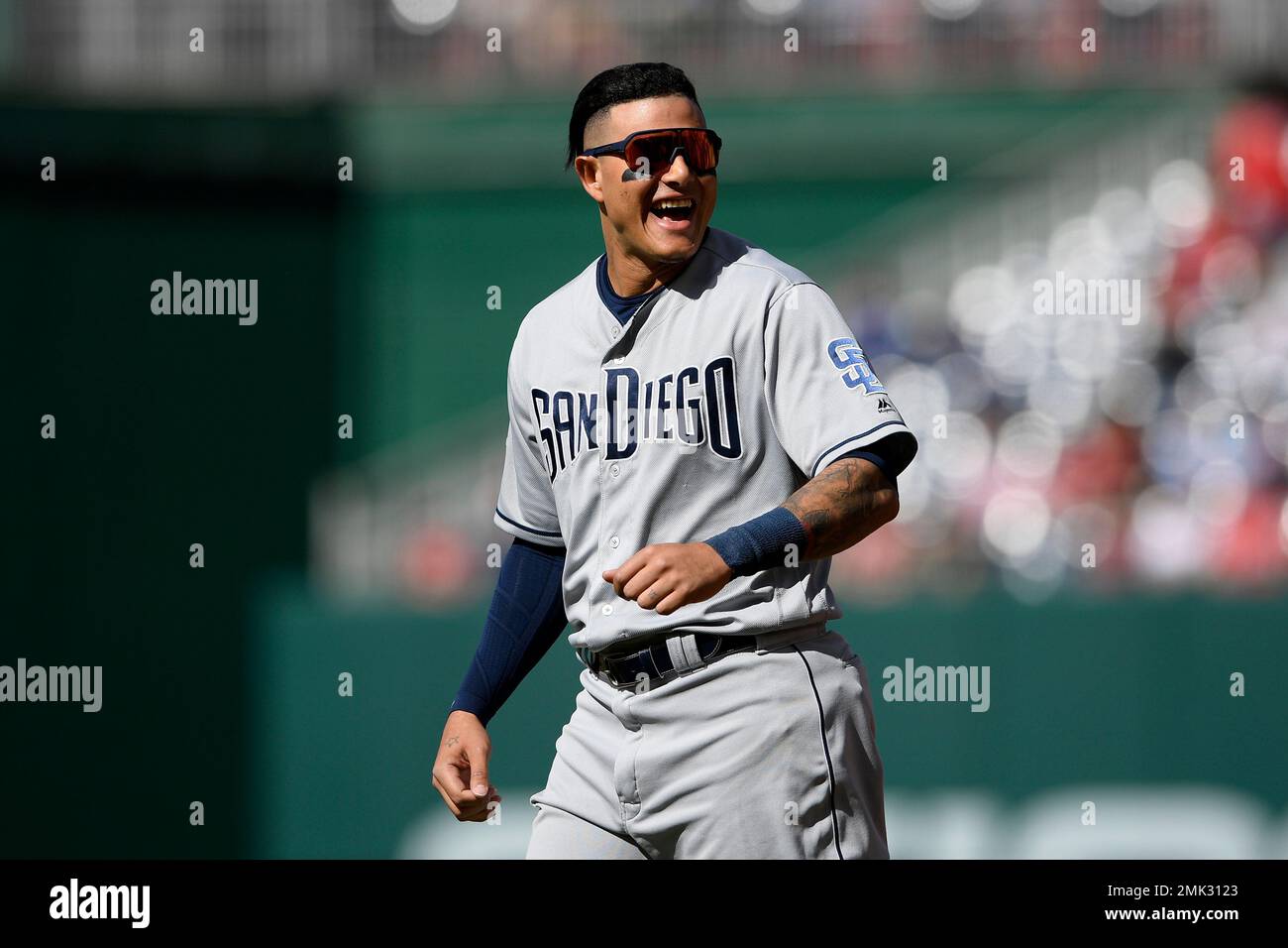 San Diego Padres' Manny Machado laughs during the first inning of a  baseball game against the Washington Nationals, Saturday, April 27, 2019,  in Washington. (AP Photo/Nick Wass Stock Photo - Alamy