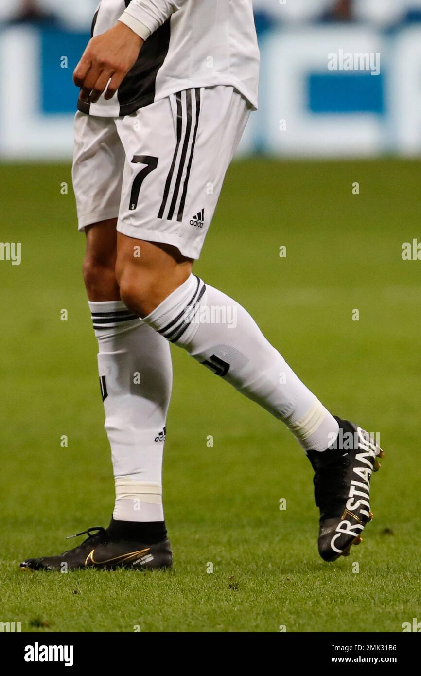 Juventus' Cristiano Ronaldo wears shoes bearing his name during the Serie A  soccer match between Inter Milan and Juventus at the San Siro Stadium, in  Milan, Italy, Saturday, April 27, 2019. (AP