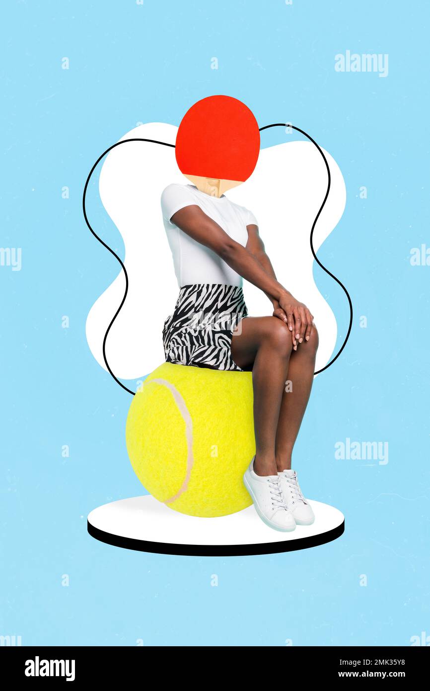Vertical collage picture of sportive person ping pong racquet instead head sitting big tennis ball isolated on drawing background Stock Photo