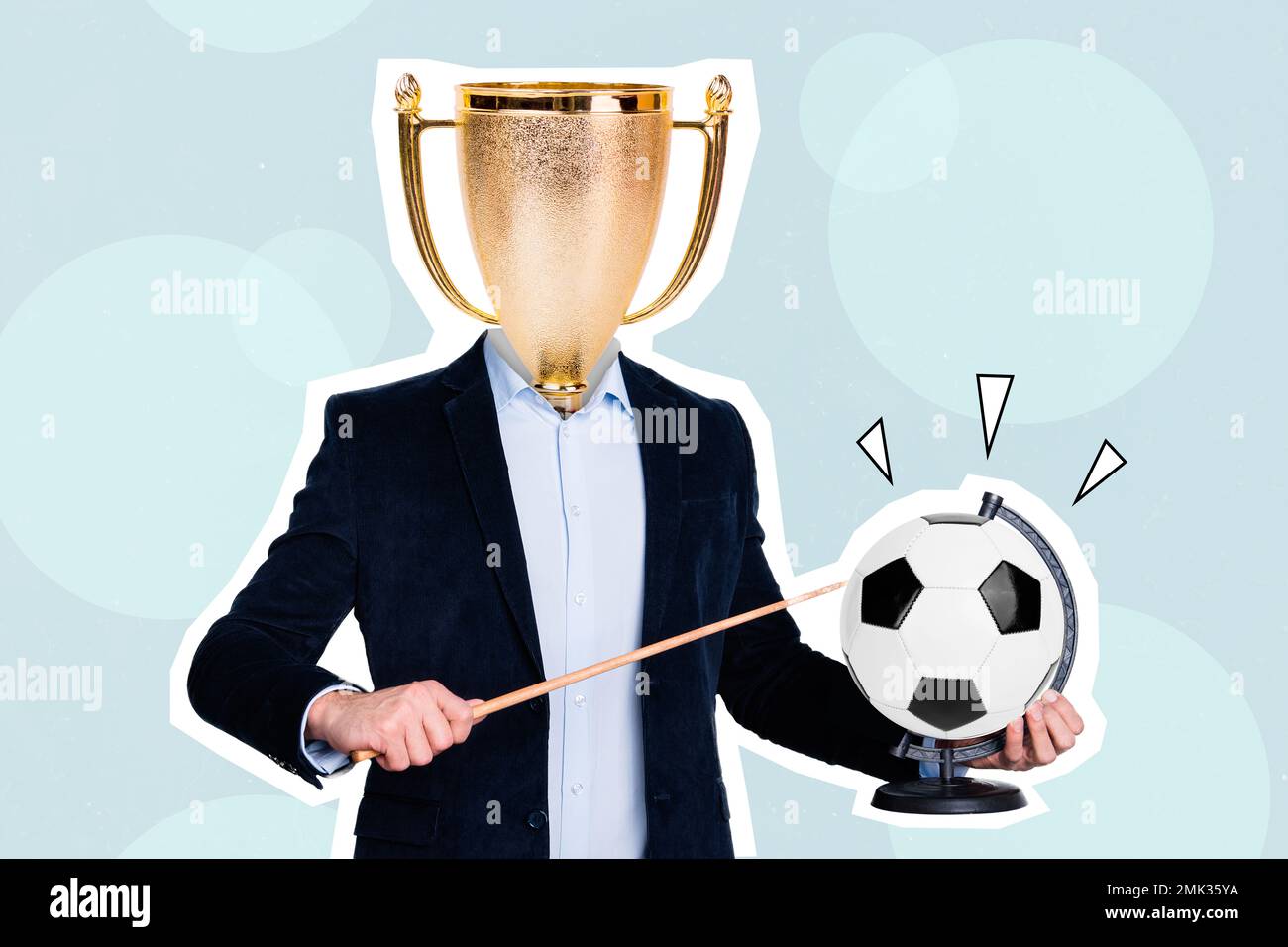 Creative collage image of formalwear person hold pointer football world globe winner award cup trophy instead head Stock Photo