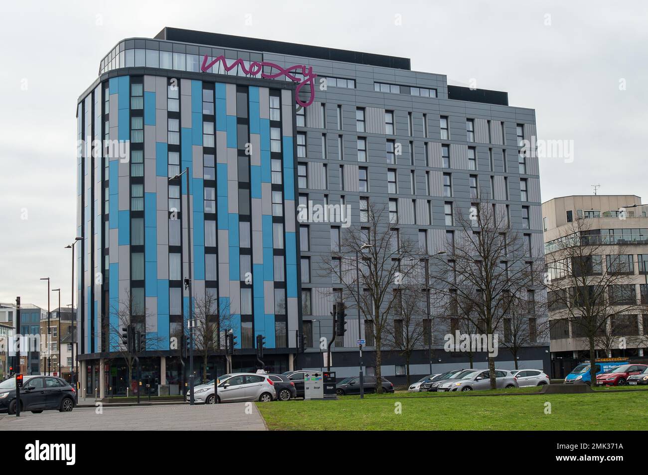 Slough, Berkshire, UK. 28th January, 2023. Slough Borough Council are £760 million in debt and are seeking to sell off eight of their assets during 2023. The newly built Moxy Thunderbirds themed hotel  (pictured) in Slough Town Centre is likely to be sold off by the council. Bankrupt Labour run Slough Borough Council remain in severe financial debt and are trying to sell up to £600m of its assets as well as making savings of £20million per year for the next seven years so as to reduce its £760m borrowing debt. Credit: Maureen McLean/Alamy Live News Stock Photo