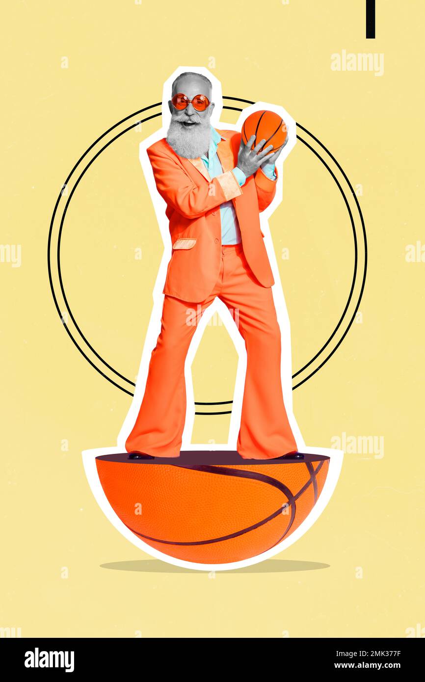 Vertical collage picture of excited positive grandfather wear orange suit arms hold basketball isolated on creative background Stock Photo