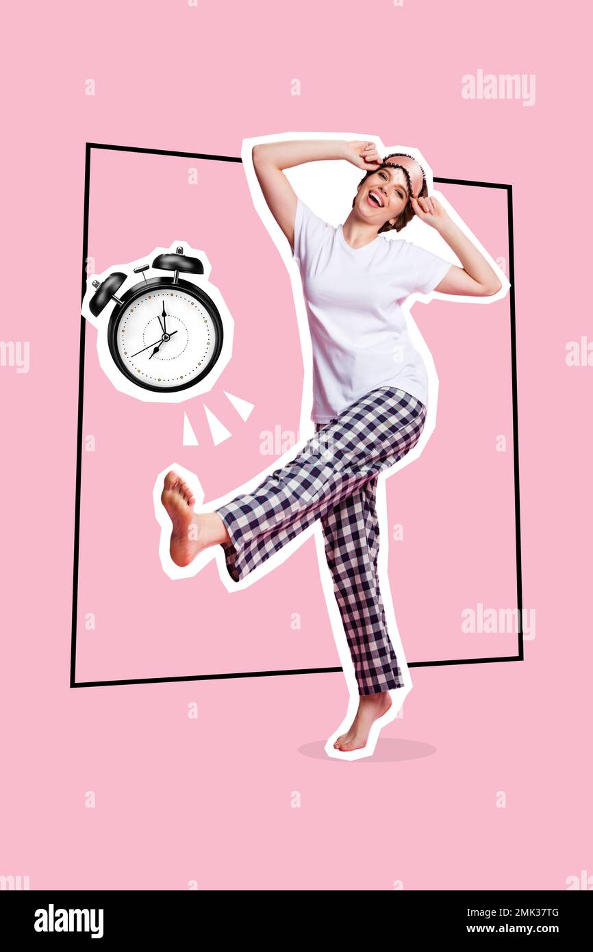 Vertical collage portrait of excited positive girl dancing wear pajama vintage bell ring clock isolated on pink background Stock Photo
