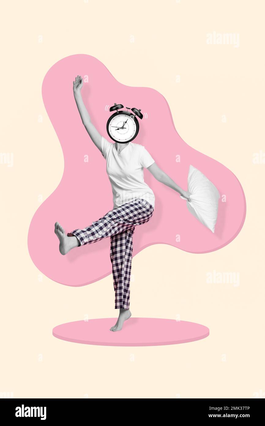 Vertical collage picture of excited black white colors girl clock bell ring instead head hand hold cushion dancing isolated on creative background Stock Photo