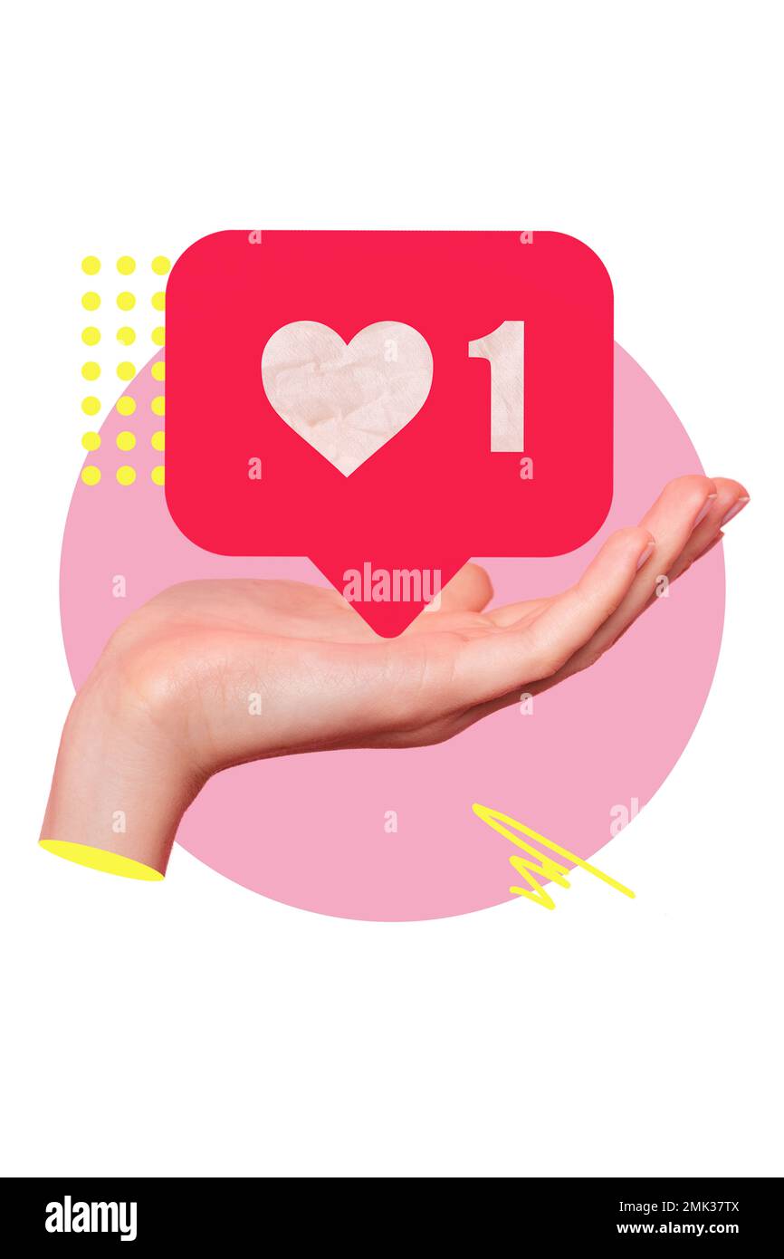 Vertical collage illustration of arm palm hold like notification telegram instagram tiktok facebook Stock Photo