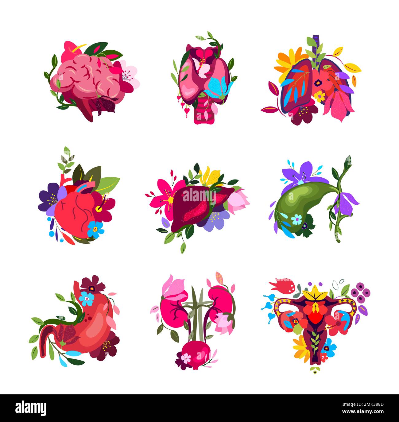 Beautiful Flowered Set of different Human Organs.Brain, Thyroid,Lungs,Heart,Liver,Stomach,Kidneys,Uterus in Flowers.Floral Internal Anatomy.Bright Hea Stock Photo