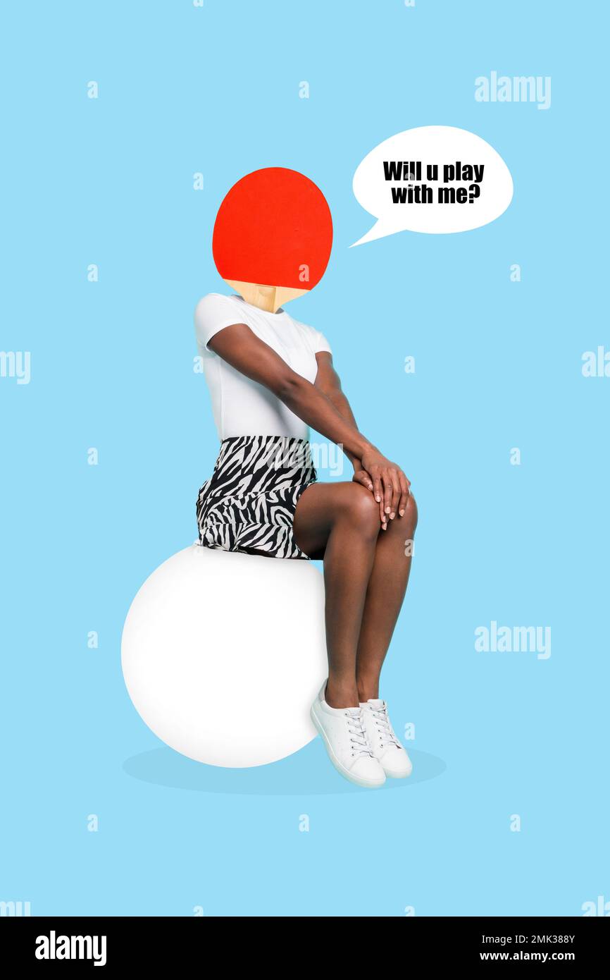 Vertical collage image of shy girl ping pong racquet instead head sitting huge ball asking will u play with me isolated on blue background Stock Photo