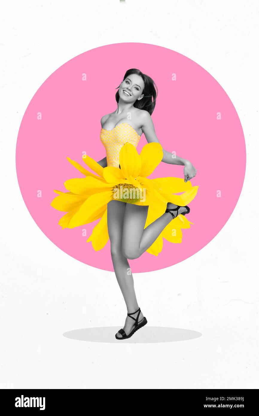 Vertical collage picture of charming black white gamma girl yellow flower dress slim shaved legs isolated on painted background Stock Photo