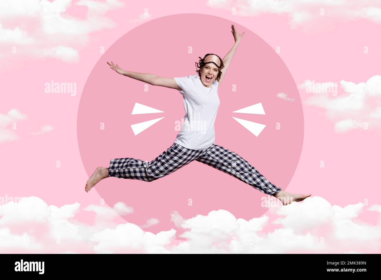 Vertical collage image of positive carefree girl jumping flying clouds sky sleeping dream isolated on creative background Stock Photo