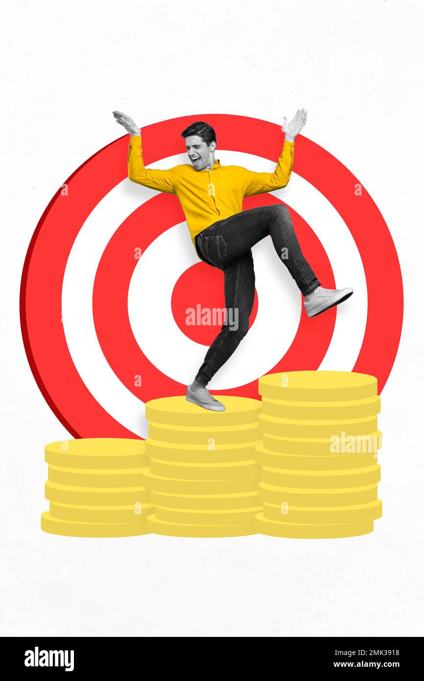 Creative collage of young funny dancing celebrating his salary increasing manager guy growth payment progress goal isolated on painted background Stock Photo