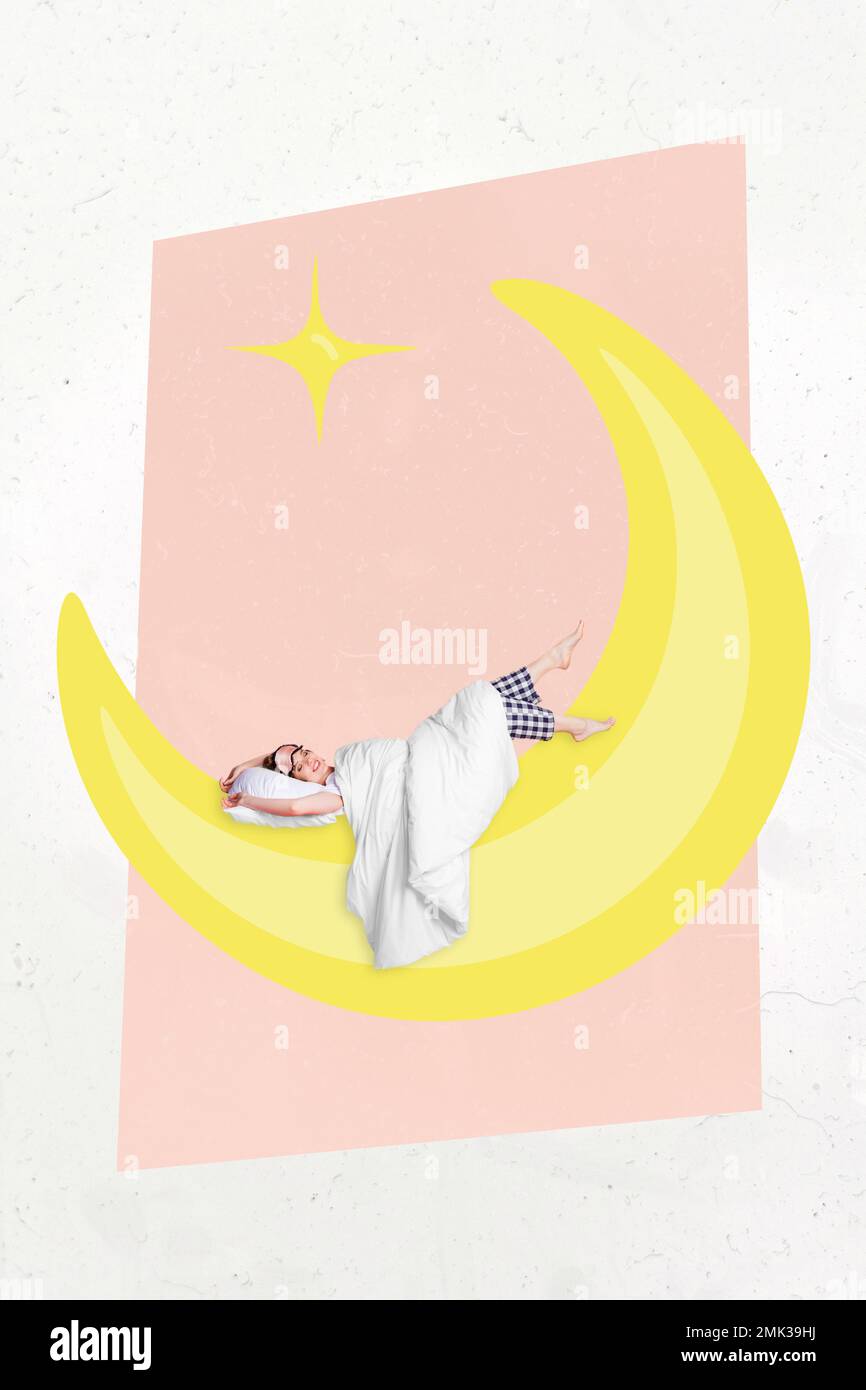 Collage photo of young sleeping cozy woman take nap comfort chilling yellow moon star use pillow blanket bedroom isolated on beige painted background Stock Photo