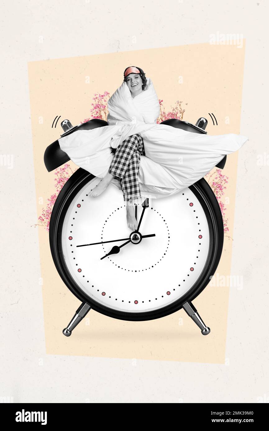 Vertical collage image of positive black white gamma girl covered blanket sit big bell ring clock isolated on creative background Stock Photo