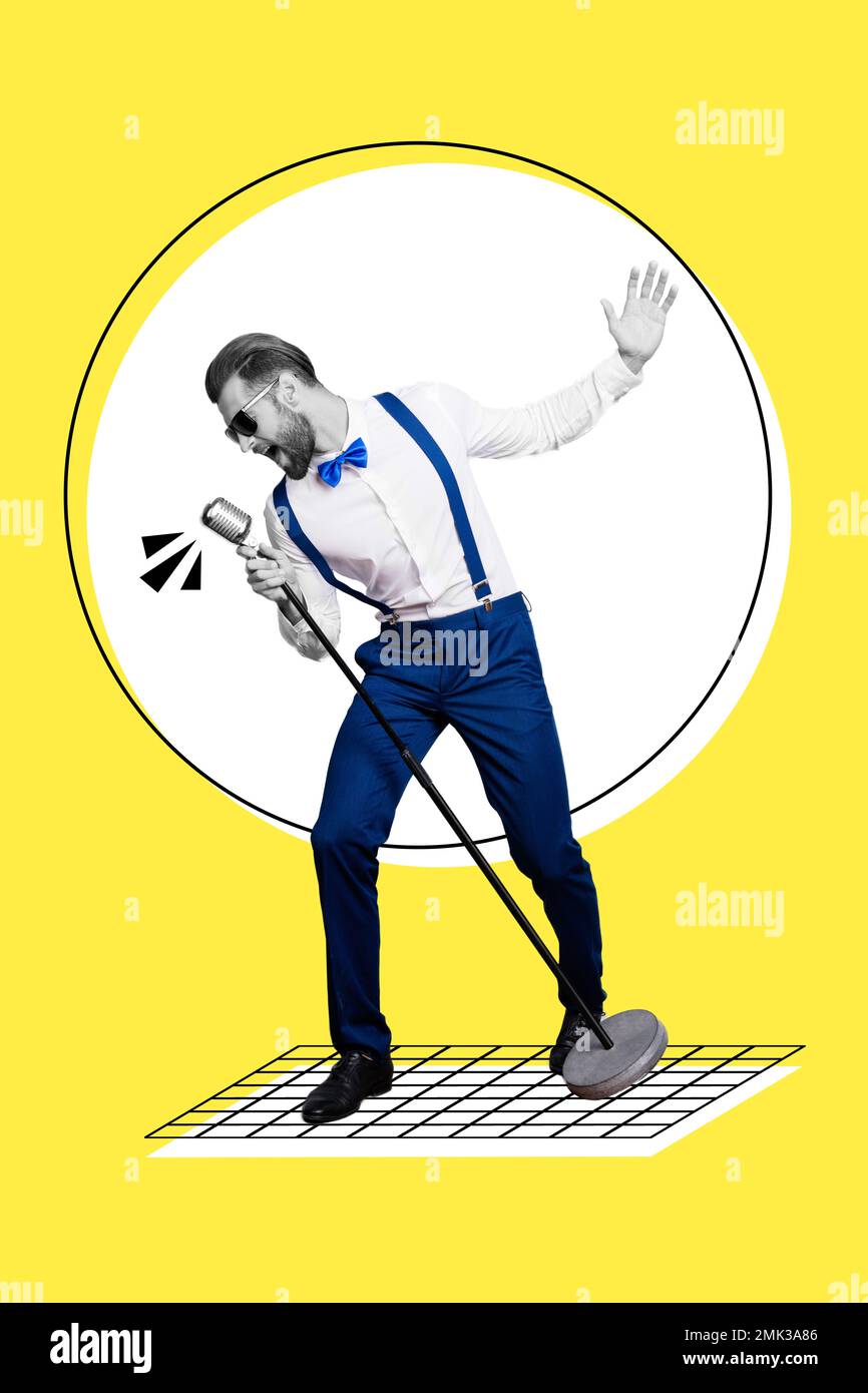 Collage photo of young talented concert singer man wear spectacles suspenders gentleman hold microphone jazz isolated on yellow color background Stock Photo