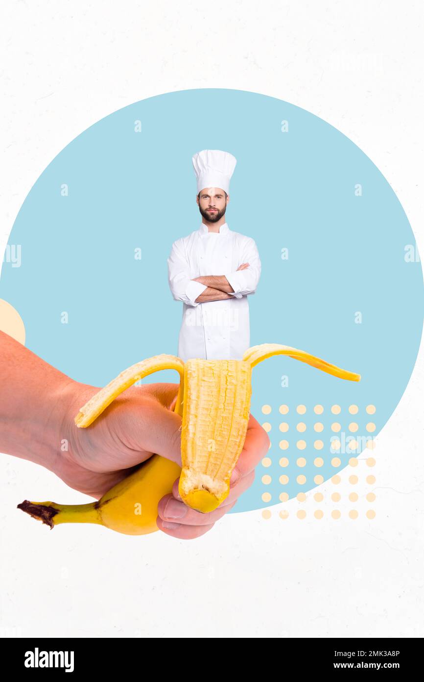 Creative collage photo of young confident chef cooker man folded arms absurd inside banana organic natural fruit isolated on painted background Stock Photo