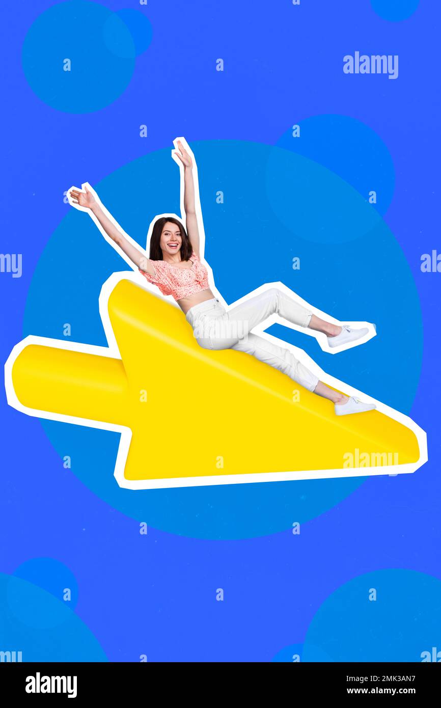 Vertical collage photo of young funny business lady lying down big yellow arrow right way direction progress isolated on blue color background Stock Photo