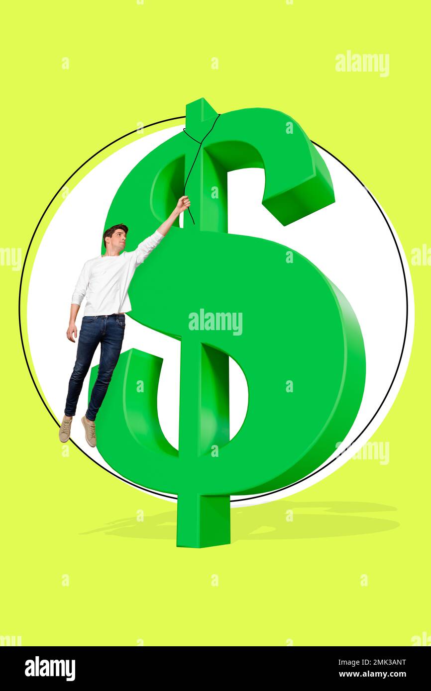Vertical collage picture of little guy arm hold string hanging huge green dollar money symbol isolated on lime background Stock Photo