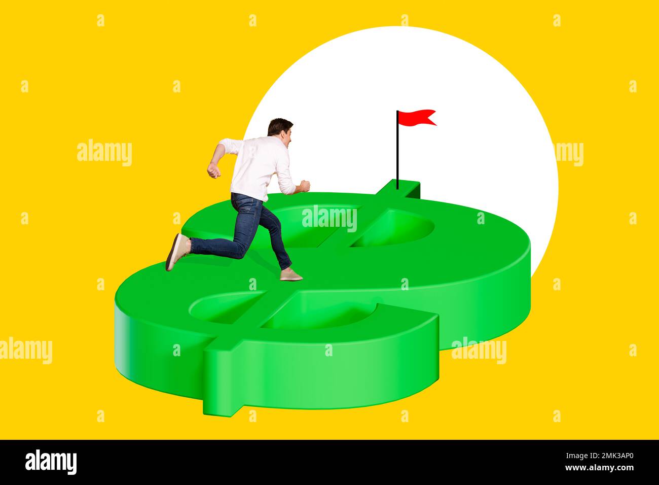 Creative collage image of mini guy hurry rush running huge dollar symbol finish target flag isolated on yellow background Stock Photo