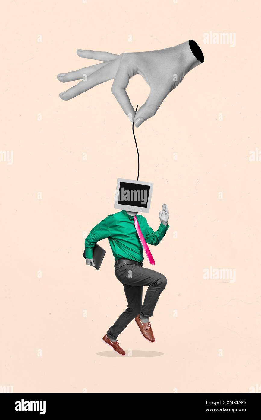Vertical surrealism collage image of black white effect arm fingers hold string little guy monitor pc instead head running Stock Photo